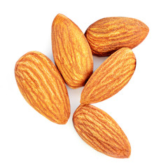 Almonds isolated. Raw Almond nuts on white background. Top view. Flat lay