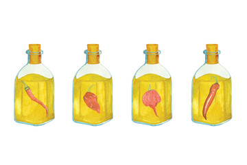 Hand drawn watercolor set of hot pepper oils on a white background. Oil with kaen pepper, chili pepper, with habanero, Carolina Reaper.

