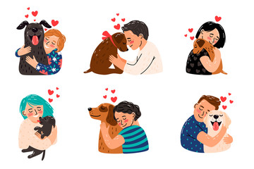 Kids petting dogs. Children hugging dog pets vector illustration, happy girls and smiling boys with puppies image, domestic licking animals and playing owners best friends