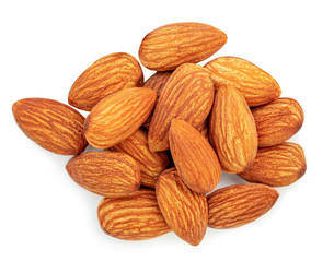 Almonds nuts isolated on white background. Raw Almond Top view. Flat lay Collection. Close-up. Food concept .