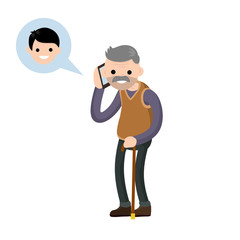 Grandfather call grandson on phone. Talk old Senior man and boy. Cartoon flat illustration. Communication generations. Family and friendship. Cane and glasses. Lifestyle and pastime of elder pensioner