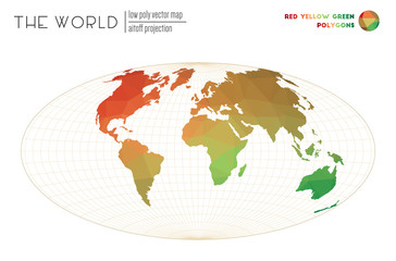 Polygonal map of the world. Aitoff projection of the world. Red Yellow Green colored polygons. Modern vector illustration.