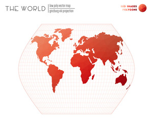 Polygonal map of the world. Ginzburg VIII projection of the world. Red Shades colored polygons. Contemporary vector illustration.