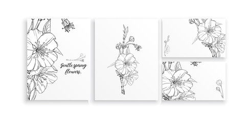 Flower vector vertical vintage invitation. Set. Black and white flowers.
