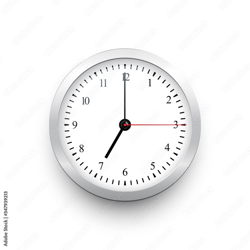 Poster white classic clock with silver border. vector black clock template with movable arrows.