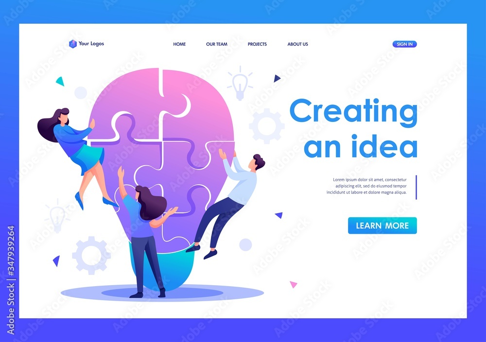 Poster young team creates an idea, teamwork, brainstorm. flat 2d character. landing page concepts and web d