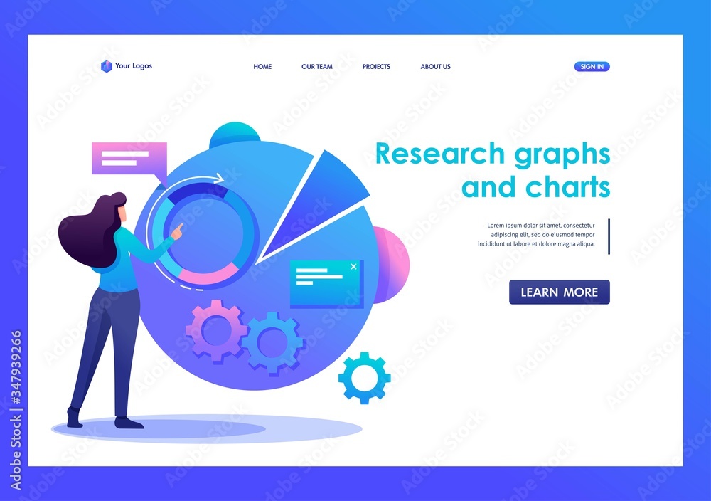 Poster woman character with graph research and charts. flat 2d character. landing page concepts and web des