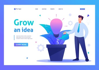Young man is watering a pot with a growing business idea, startup. Flat 2D character. Landing page concepts and web design