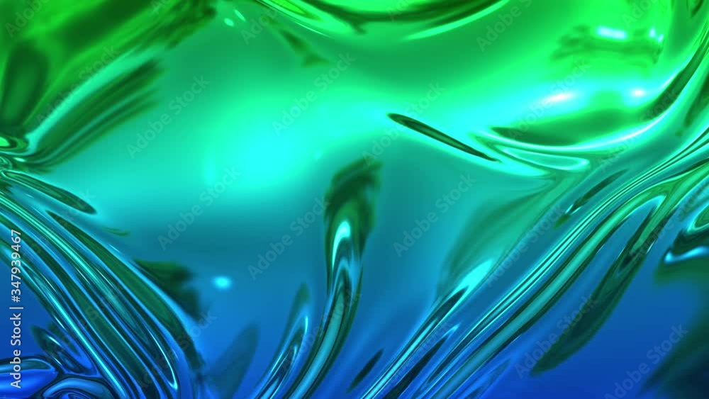Poster animated metalic green blue gradient like fabric with folds in 4k. 3d render of wavy cloth surface t