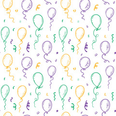 Seamless patterns with hand drawn doodle air balloons and confetti. Birthday, carnival party background.