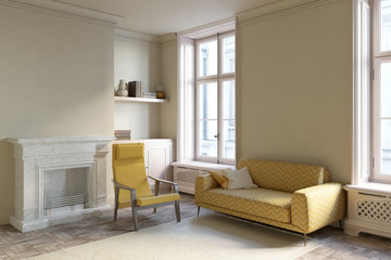 Bright modern classic living room with a cozy yellow sofa between large windows, an armchair near the fireplace, and a bookshelf. 3d render
