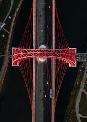 Aerial view of Zhivopisniy bridge at sunset, Moscow, Russia