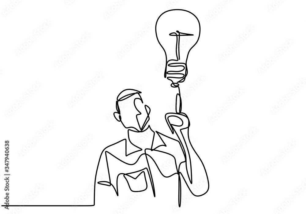 Poster continuous one line drawing idea and creativity symbol with lamp and hand. the concept of thinking i