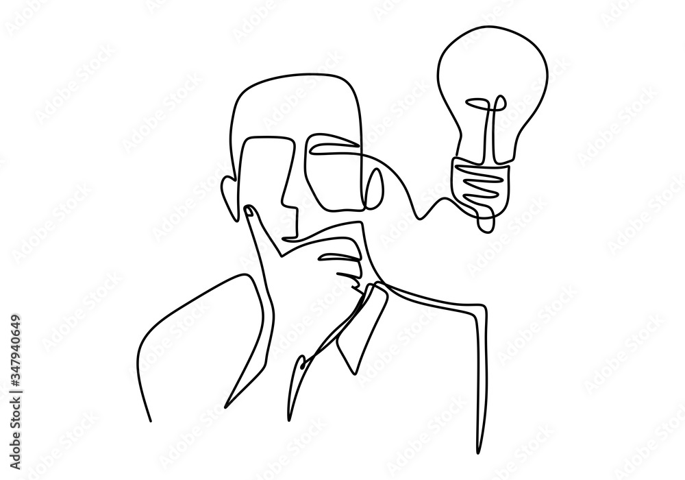 Poster continuous one line drawing idea and creativity symbol with lamp. the concept of thinking ideas. a p