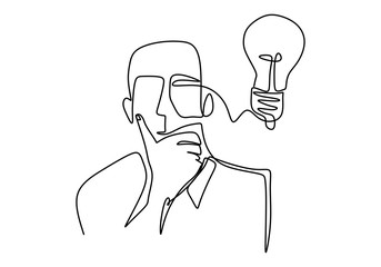 Continuous one line drawing idea and creativity symbol with lamp. The concept of thinking ideas. A person thinking and get an idea one line drawing vector isolated on white background.