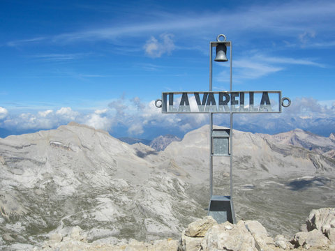 The cross on top of mount Lavarella in the Cunturines Group. The mountain is in the Dolomites of the South Tyrol region