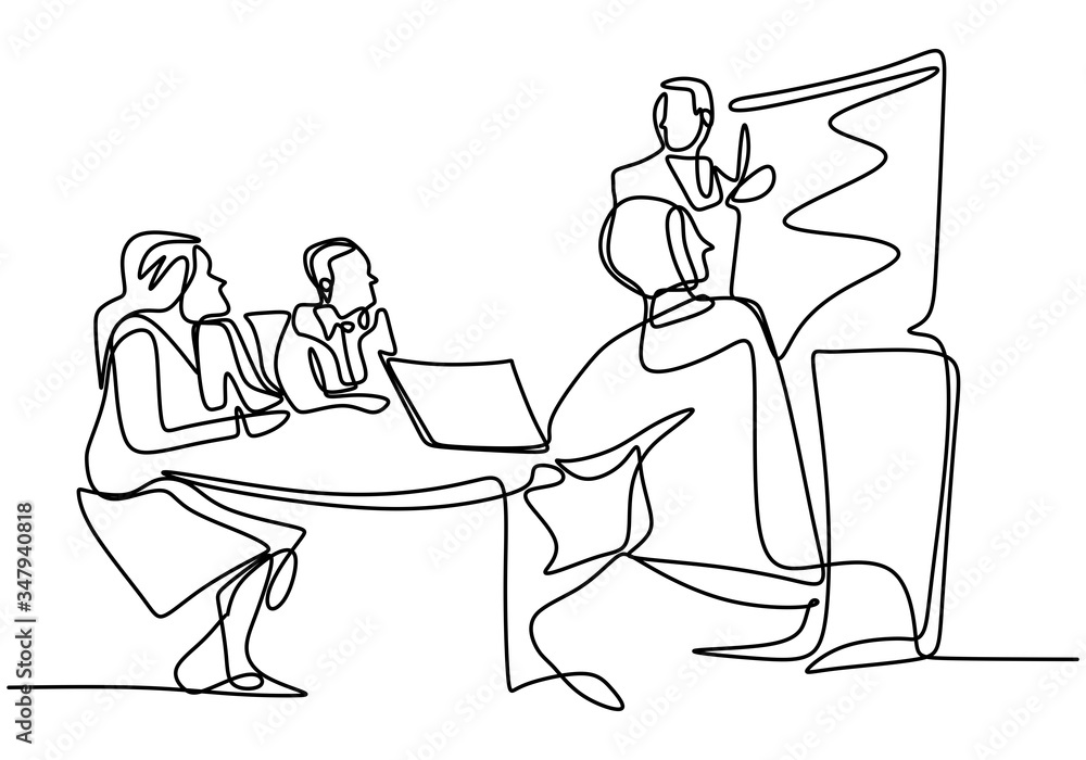 Poster continuous line drawing of business presentation during team meeting. business brief, presentation o