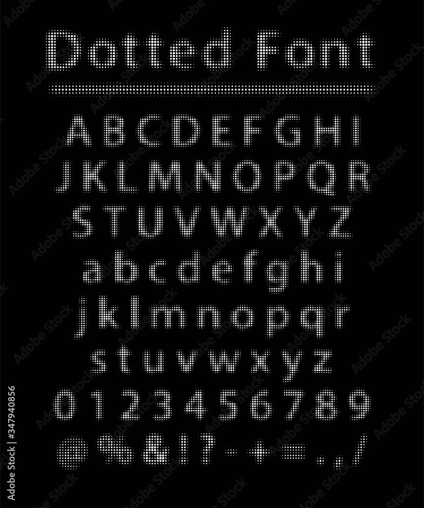 Poster vector dotted font. white letters and numbers made of dots with halftone effect isolated on black ba
