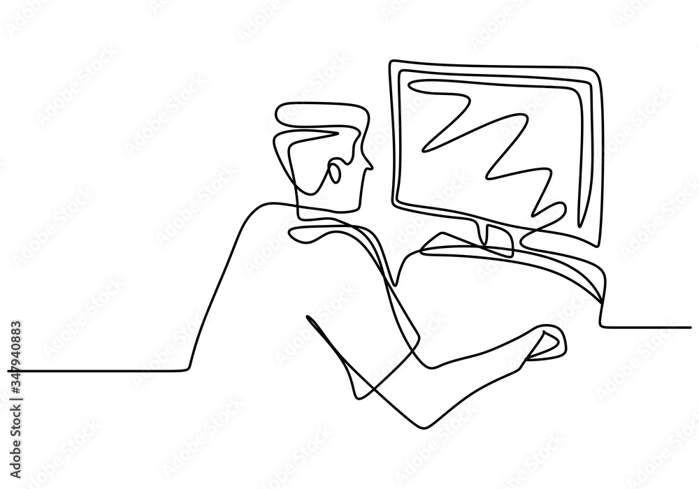 Poster one line drawing of man working with laptop computer behind desk. young male focus thinking while si