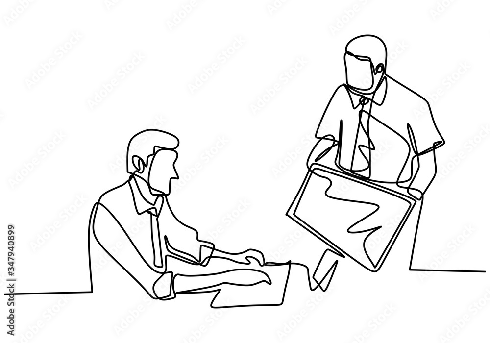 Poster continuous line drawing of two coworkers discussing work on screen. professional young man in front 