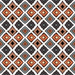 Ikat geometric folklore ornament with diamonds. Tribal ethnic vector texture. Seamless striped pattern in Aztec style. Folk embroidery. Indian, Scandinavian, Gypsy, Mexican, African rug.