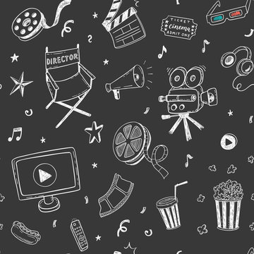 Seamless pattern with hand drawn cinema doodles on a chalkboard background