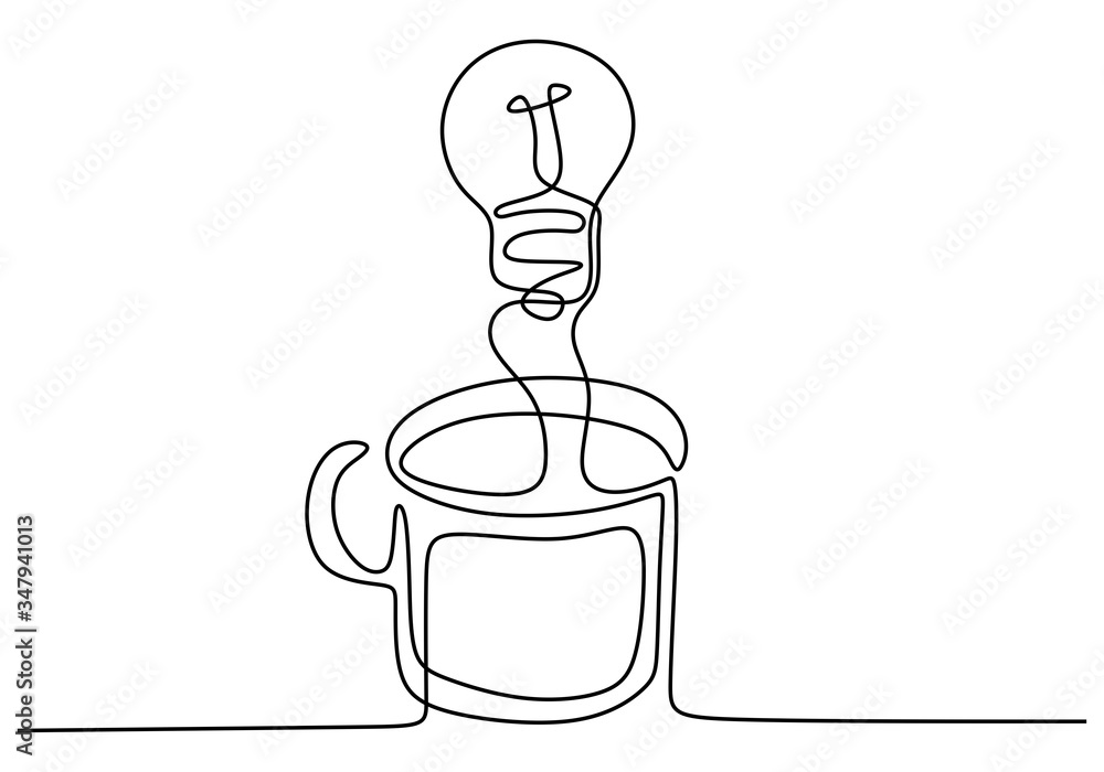 Poster continuous one line drawing light bulb symbol idea and creativity. concept of idea emergence. findin