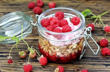 Useful breakfast-muesli, granola with yogurt and fresh raspberries. Against a background of raspberry bushes. country style. copy space