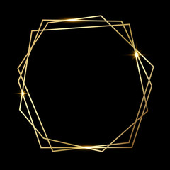 Golden shiny glowing polygonal frame isolated over black