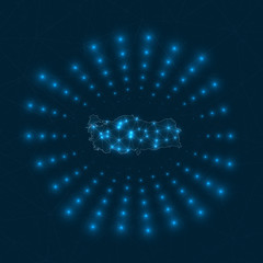 Turkey digital map. Glowing rays radiating from the country. Network connections and telecommunication design. Vector illustration.