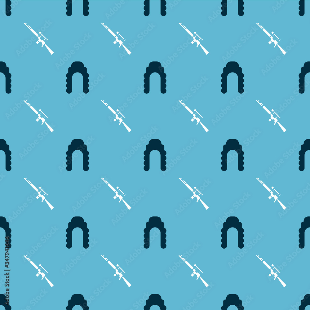 Poster set judge wig and sniper rifle with scope on seamless pattern
