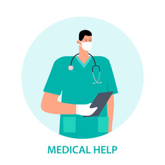 Hospital. Medical help, care with doctor consultation and medicines reception. Doctor appointment. Online consultation. Modern healthcare technologies. Vector illustration.