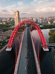 Aerial view of Zhivopisniy bridge at sunset, Moscow, Russia