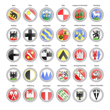Set of vector icons. Municipalities of Bern canton flags, Switzerland. 3D illustration.   