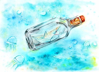 A paper boat in a bottle floats on the sea. Watercolor illustration.
