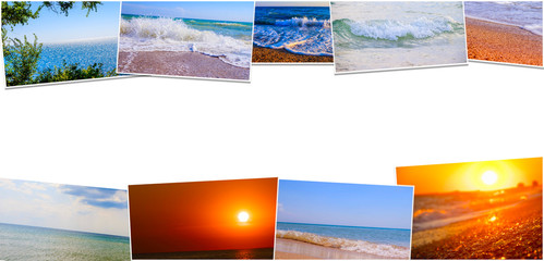 Collage seascapes. Banner sea. Sea summer landscapes. An article about summer vacation at sea. Quarantine resorts are closed. Refund due to pandemic.