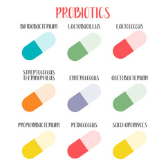 Probiotics. Lactic acid bacteria. Good bacteria and microorganisms for gut and intestinal flora health. Microbiome. Bifidobacterium, lactobacillus,  lactococcus, thermophilus streptococcus. Vector set