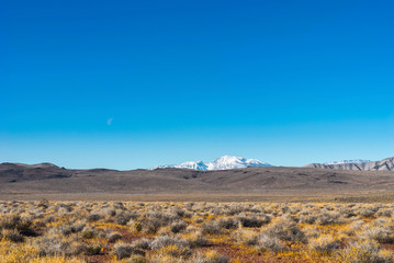 Covered with dry shrubs and grass plain on a background of mountains.