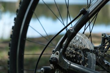 Fototapeta na wymiar view bicycle wheel travel crosscounty summer