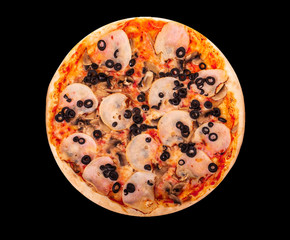 Whole tasty pizza with ham, mozzarella, mushrooms and olives, isolated on black background, top view
