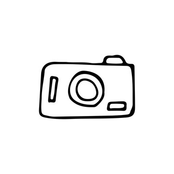 Hand drawn photo camera illustration in vector on white background. Doodle photo camera vector illustration