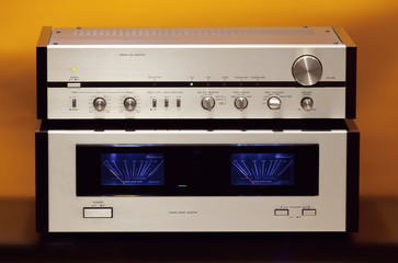 Obraz premium Vintage Stereo Amplifiers Stacked Front view