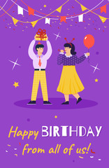 Birthday card with characters celebrating birthday party vector illustration.