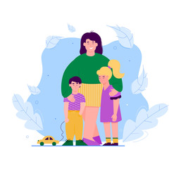 Mother and children cartoon characters hugging vector illustration isolated.