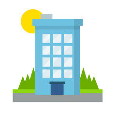 Naklejka premium Blue city house. Urban landscape. Hotel Building with window and door. Place to live. Cartoon flat illustration. Green nature forest on background