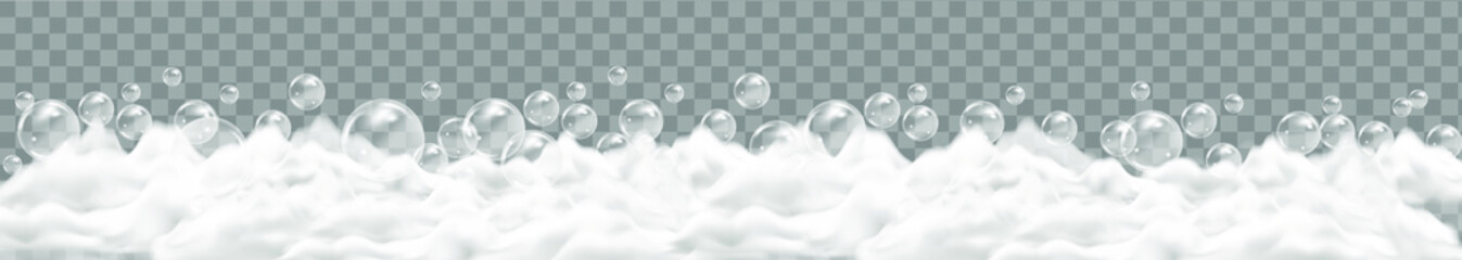 Bath foam isolated on transparent background. Shampoo bubbles texture.Sparkling shampoo and bath lather vector illustration