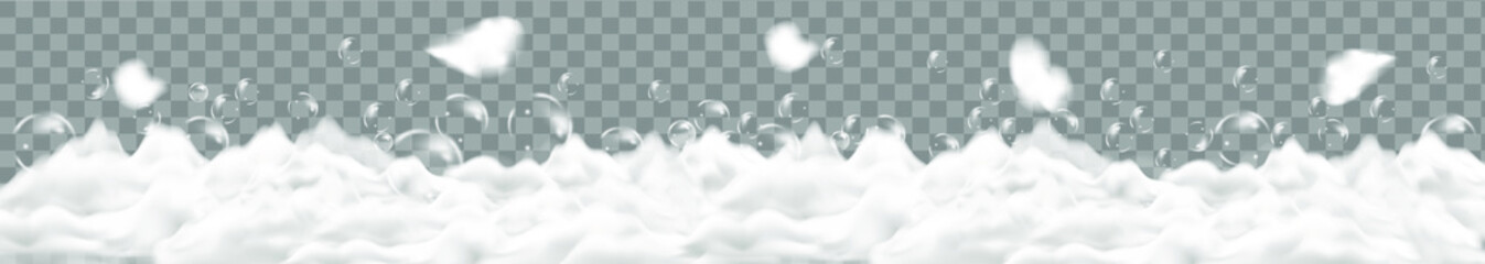 Bath foam isolated on transparent background. Shampoo bubbles texture.Sparkling shampoo and bath lather vector illustration
