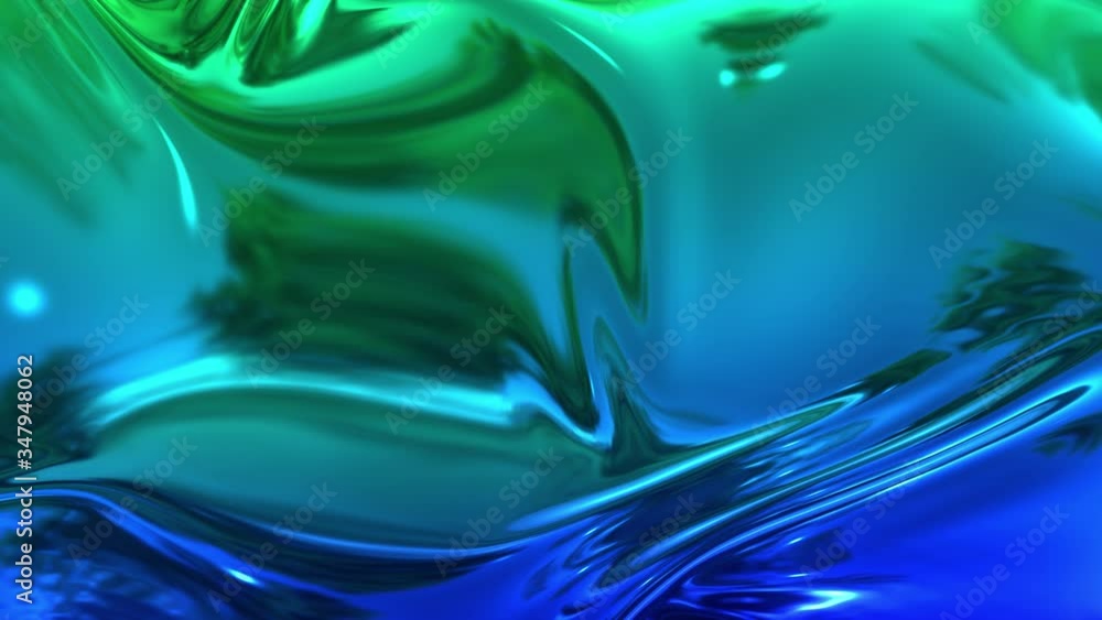 Poster animated metalic green blue gradient like fabric with folds in 4k. 3d render of wavy cloth surface t