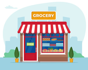 Grocery store front. Commercial, property, market or supermarket. Vector illustration in flat style