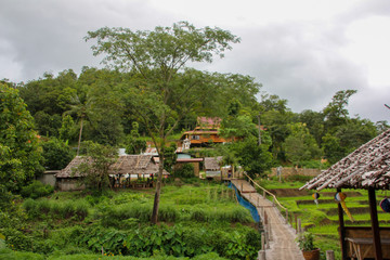 Fototapeta na wymiar Shacks on the bamboo bridge of Pai among vegetation